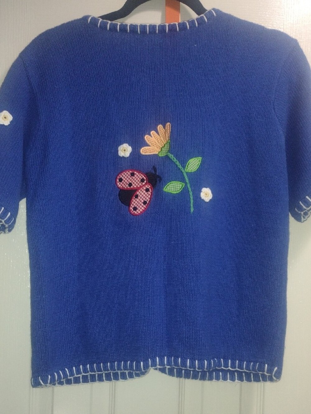 Blue Ladies Short-Sleeve Cardigan with Floral & Ladybug Appliqués - Picture 8 of 10